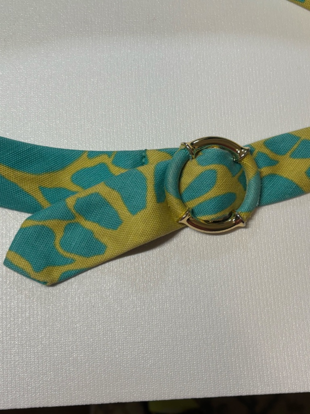 J. Crew Aqua Blue & Lime Green Printed Linen Belt Gold Horseshoe Buckle Medium - Picture 4 of 8